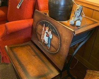 Antique school desk hand painted, large crock lamp