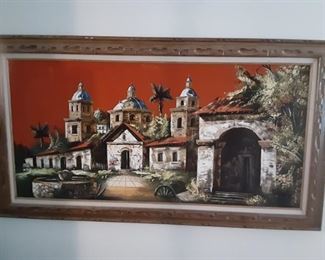 Original oil painting in hand carved frame 63 in wide by 35 inches high Artist:  R. Valles