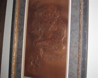 $25, 24 x 16  frog and lily pads Copper relief 