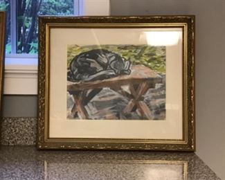 Marvin Wolberg - Cat Resting on Table - Gouche on Paper - $175