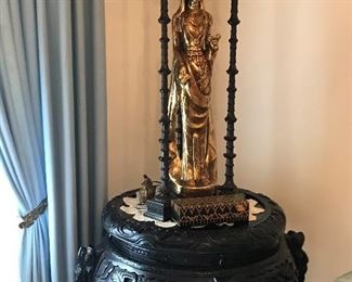 Asian antique lamp $145.00, also pictured Asian carved stand  $225.00