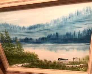 $25-Original Lake and Mountains Landscape Painting (Oil Painting, I believe, but possible Acrylic, Framed but no Glass.)