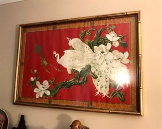 $35-Mid Century, Silk Painting W/ Faux Bamboo Frame