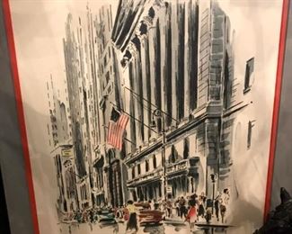 $45 "The Stock Exchange" Framed, Mid Century, Watercolor Print by John Haymson