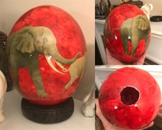 $10- Beautifully Painted Ostrich Egg and Carved Wood Stand