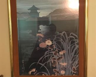 $30- Framed Japanese Style Mid-Century Print, Flowers and Lake