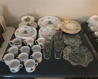 Tienshan Holiday Hostess Christmas China, Plus 3 Nice Pressed Glass Pieces, 2 Serving Bowls and 1 Butter Dish