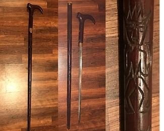 $20-Mid Century Hand Carved, Wooden Cane/Walking Stick W/Hidden Sword, One Minor Blemish On Top Of Cane Handle (seen in first picture)