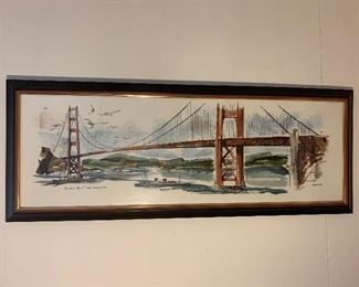 "Golden Gate"  San Francisco watercolor print by Newhouse.  22 1/2" H by 42 1/2 " W     Offered at $140.00
