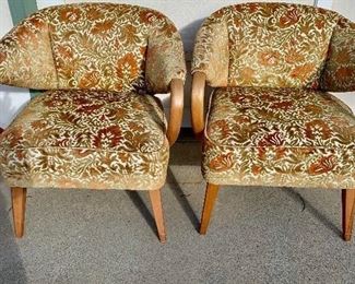 Mid Century Bentwood Arm Chairs- Burnt Orange and Olive original upholstery - Pair of Chairs- Seat 15"H 30"W at outside of arms- Seat Depth 22" Includes 8 square pillows. Stain matches Heywood Wakefield Champagne finish.