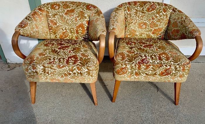 Mid Century Bentwood Arm Chairs- Burnt Orange and Olive original upholstery - Pair of Chairs- Seat 15"H 30"W at outside of arms- Seat Depth 22" Includes 8 square pillows. Stain matches Heywood Wakefield Champagne finish.