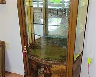 Glass top display cabinet with romantic painted figures on bottom display