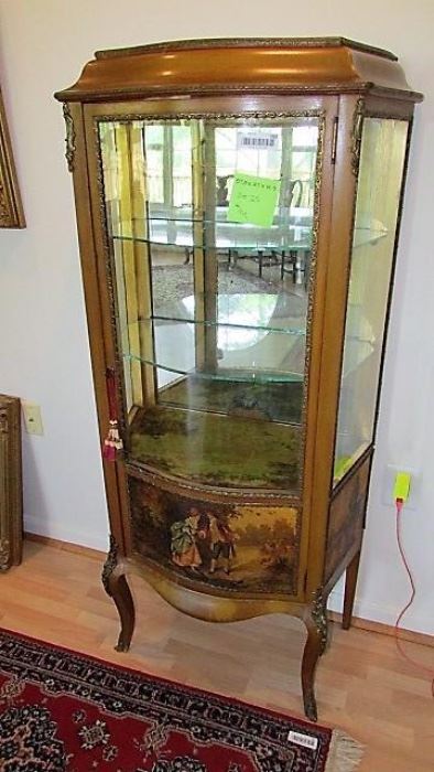 Glass top display cabinet with romantic painted figures on bottom display