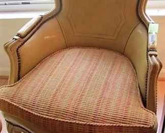 Pair of French Provincial chairs faux leather and striped upholstered seats, brass stud accents 