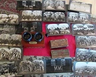 Vintage lot- Stereograph with 2 boxes of French #D scenic glass plates, group of stereographic cards, incomplete set of vintage playing cards