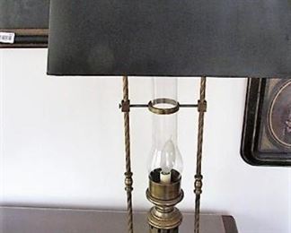 Brass lamp with lantern style base ( glass hurricane) and black shade