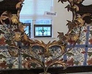 Ornate metal makeup mirror approx 20"H, and 2 brass table bells