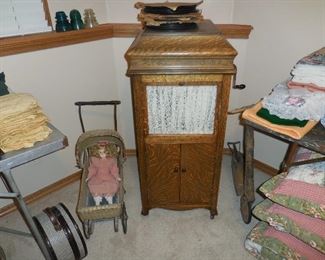 Antique Victrola (works great) with Records; Antique Doll Buggy, newer doll; Misc.