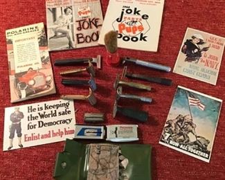Vintage Razors shaving brush, post cards sewing kits
