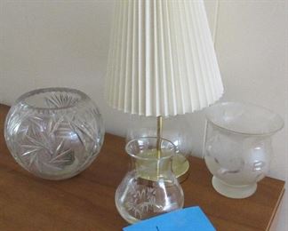 Lot 11 - Small glass lamp, three heavy decorative crystal jars - $55.00