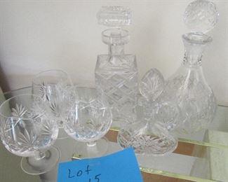 Lot 15 - Three Beautiful Etched Rose Design Crystal Decanters with three matching glasses $75.00
