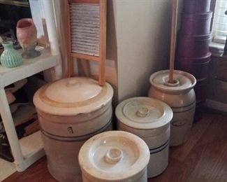 antique butter churn, antique crocks
