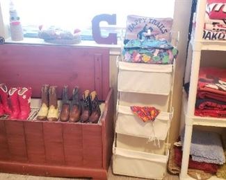 Toy box, childrens cowboy boots, linens
