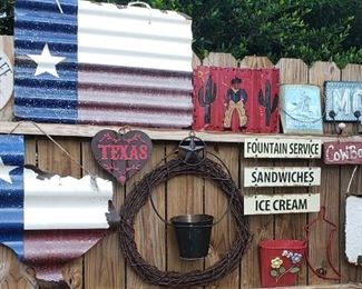 metal signs, wooden sign