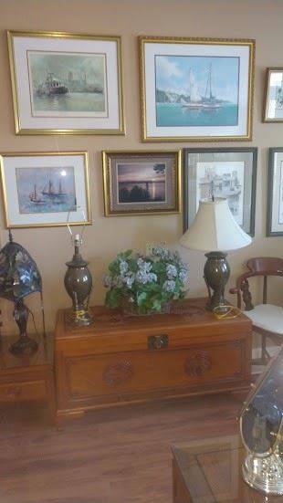 Living Room:  Rosewood Chest, Lamps   2 Small pictures ships and sunset SOLD