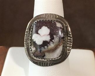 Gorgeous big wild horse stone & sterling silver Native American ring.  Size 8.  Signed CT and stamped STERLING on back.   $168
