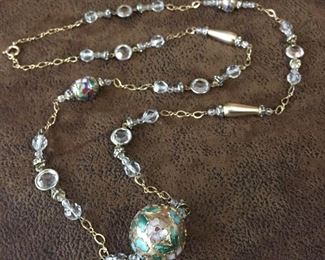 Beautiful long gold-filled necklace featuring clear faceted crystals and gorgeous large cloisonne beads. 36" Long, clasp stamped 1/20-14k GF.  $128
