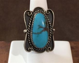 Size 6 1/2 stunning teardrop-shaped turquoise and silver old pawn Native American ring.  $120
