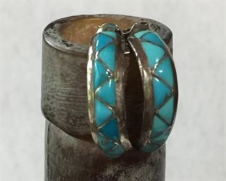 Vintage 1960s Native American turquoise inlay 1" long sterling silver half hoop earrings. Signed JM.  $120
