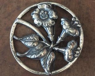 Vintage Danecraft large sterling silver brooch. 2 3/8" diameter, signed DANECRAFT STERLING on back side.  Lots of patina could be polished.  $78
