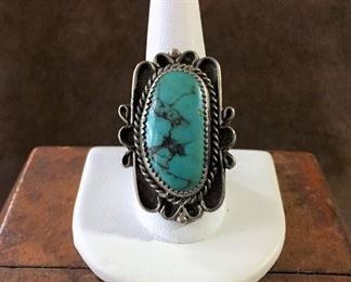 Size 9 1/4 silver old pawn ring with an EXQUISITE turquoise cabochon with wonderful rich black matrix.  $146
