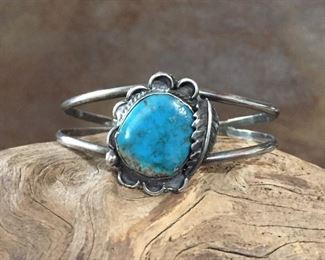 Old pawn Native American silver and turquoise cuff.   5 1/8" inner circumference with 1 1/8" gap.  $125

