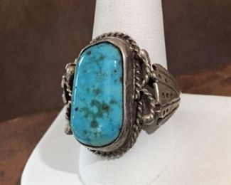 Size 10 3/4 old pawn Native American with gorgeous blue-green mottled turquoise cabochon.  $120