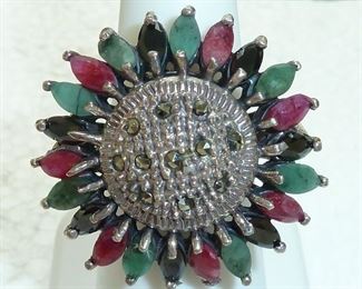 Beautiful huge 1 1/8" sterling silver marcasite flower ring with rubies, emeralds and black onyx.   Size 7.  $270