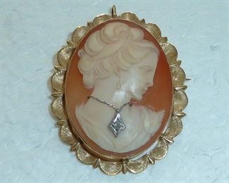 14k gold, genuine diamond vintage cameo.  1.5" by 1.25"  Signed Esemco.  Marked 14k.  $450