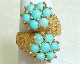 Vintage 18k yellow gold and absolutely stunning turquoise cabochons.  7/8" tall, size 5 3/4, and weighs 7 grams.  $1500