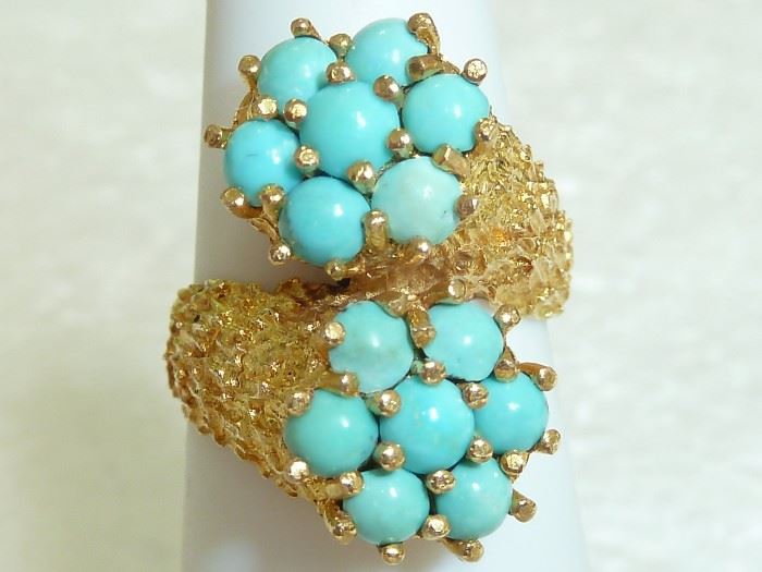 Vintage 18k yellow gold and absolutely stunning turquoise cabochons. 7/8" tall, size 5 3/4, and weighs 7 grams. $1500