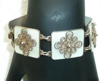 Awesome guilloche enamel sterling silver panel bracelet by Ivar Holth.  Has maker's mark and also Norway and Sterling on clasp.  $248