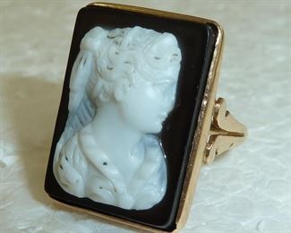 Large 3/4" antique carved black and white cameo ring in 14k yellow gold.  Size 6, weighs 5.4 grams.  $350