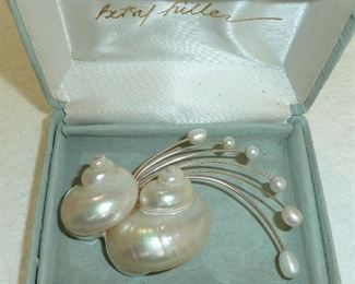 Very large 3" wide signed Betsy Fuller brooch with mother-of-pearl, 14k gold, pearls, and sterling silver.  $350