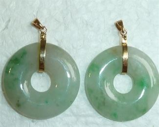 14k yellow gold and jade pendants or earring drops.  Jade is one inch across, not including the bale.  $250 for the pair.