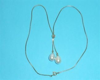14k yellow gold, genuine pearls.  Each pearl is 1/2" long!  Absolutely gorgeous, wear every day necklace.  Necklace is 16" long, plus a 2 inch drop for the pearls.  $380