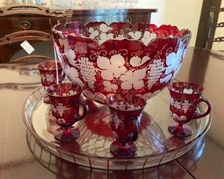 Hand etched cranberry punch bowl set