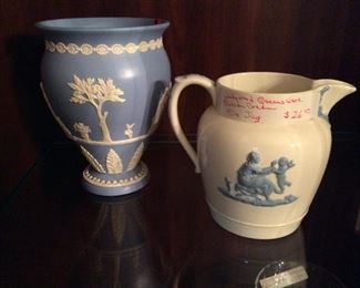 Wedgewood Jasperware White on Blue Vase and Wedgewood Queens Ware Blue on Cream Jug