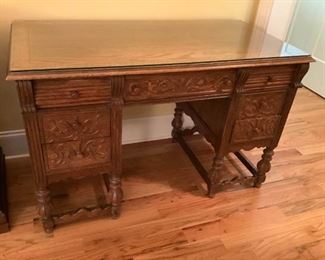 001 Antique Glass Top Carved Wooden Desk