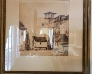 Painting of Village in Wooden Frame. Kansas Coty Art Institute